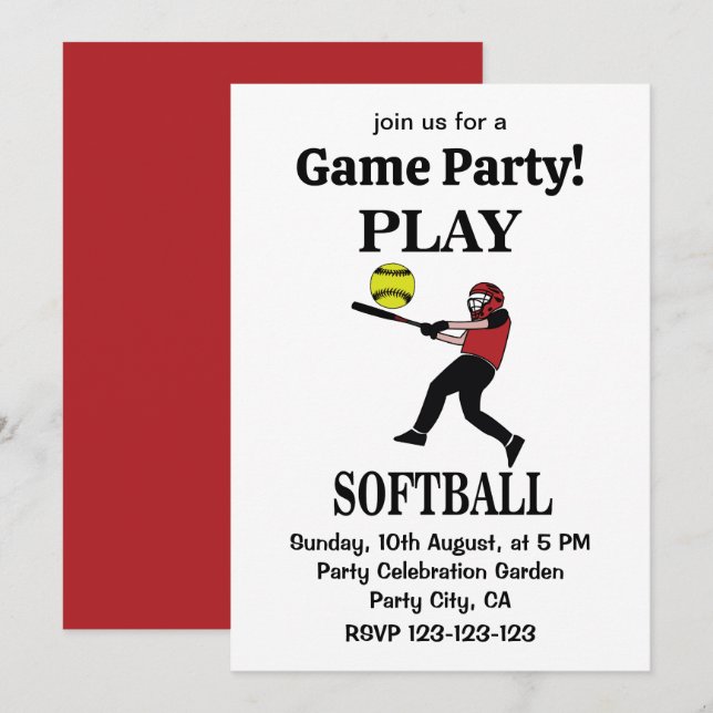Softball Player Play Softball Invitation (Front/Back)