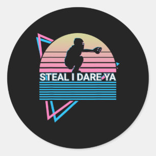 Softball Player Retro Steal I Dare Ya Classic Round Sticker