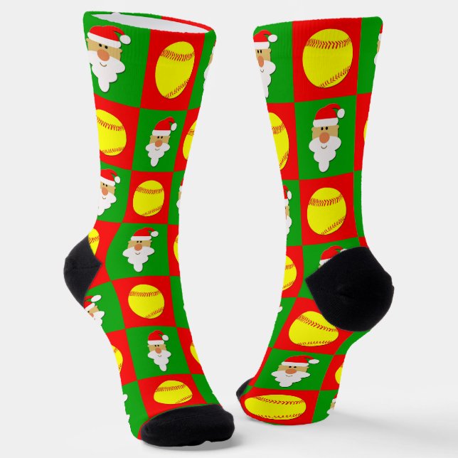 Softball Player Santa Christmas Pattern Holiday Socks (Angled)