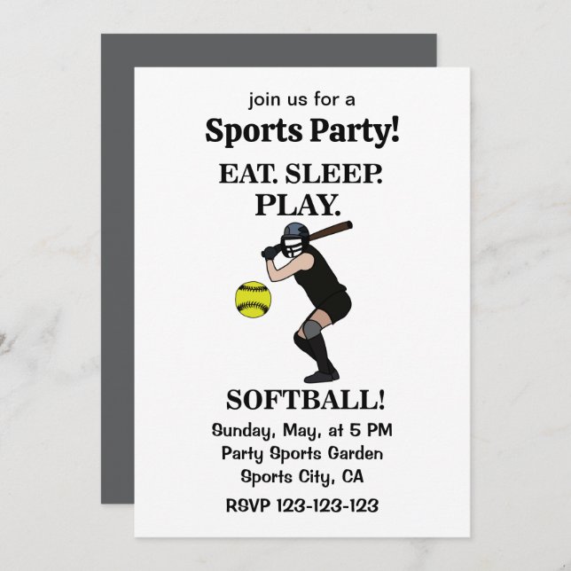 Softball Player Sports Party Invitation (Front/Back)