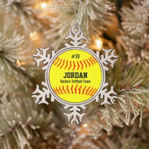 Softball Player's name number team snowflake Pewter Christmas Ornament