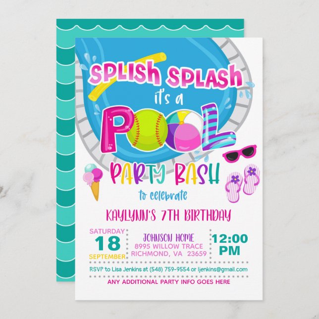 Softball Pool Party Birthday Invitation - Girl (Front/Back)