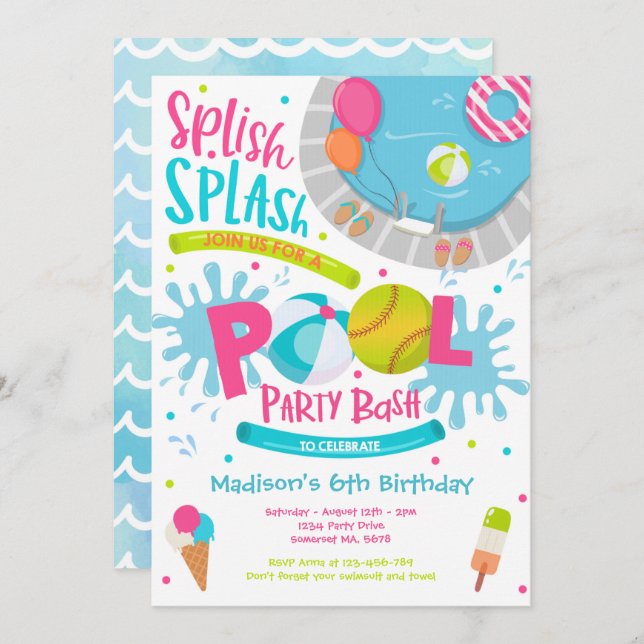 Softball Pool Party Splish Splash Pool Birthday Invitation (Front/Back)
