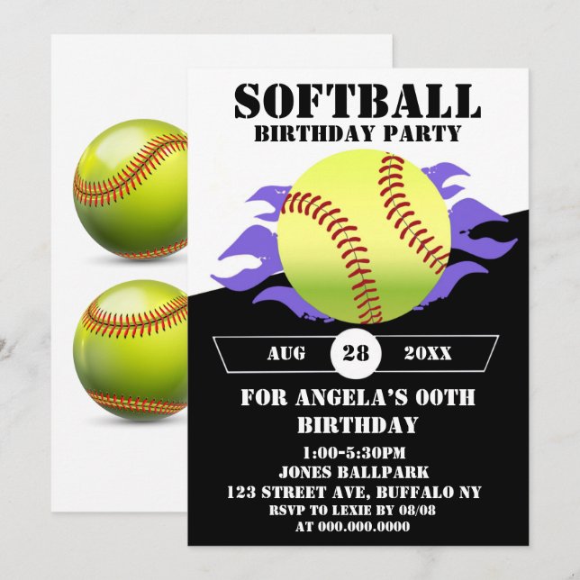 Softball Purple Fire Birthday Party  (Front/Back)