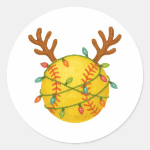 Softball Reindeer Christmas Lights Funny Sport Classic Round Sticker