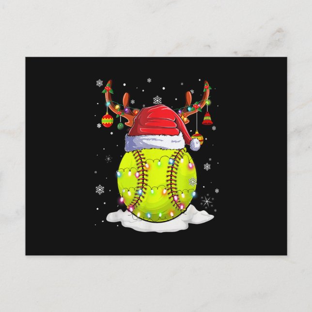 Softball Santa Hat Reindeer Christmas Lights Funny Holiday Postcard (Front)