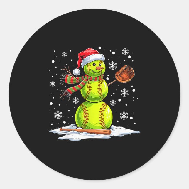 Softball Snowman Softball Player Santa Hat Christm Classic Round Sticker (Front)