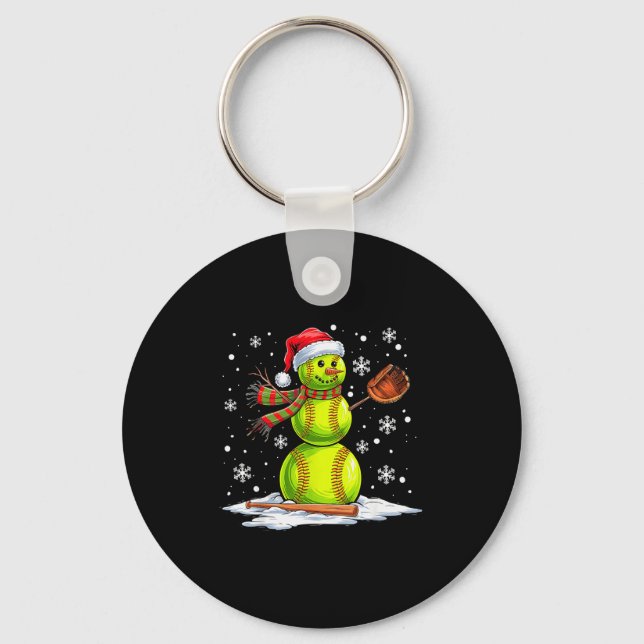Softball Snowman Softball Player Santa Hat Christm Key Ring (Front)