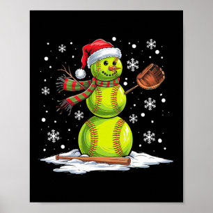 Softball Snowman Softball Player Santa Hat Christm Poster