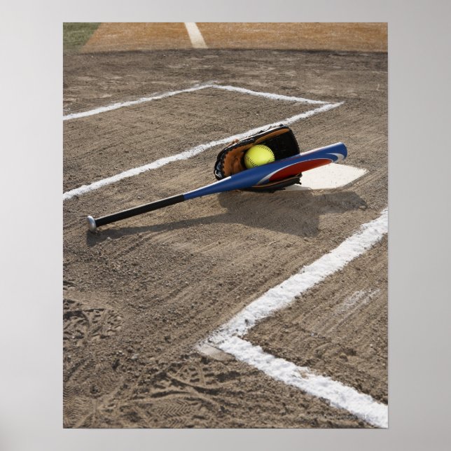 Softball, softball glove and bat at home plate poster (Front)