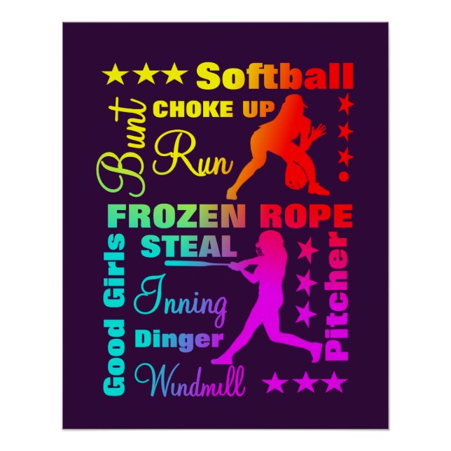 Softball Sports Terms Rainbow Cool Typography Poster (Front)