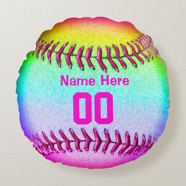 Softball Team Gifts with Her Name and Number Round Cushion (Front)