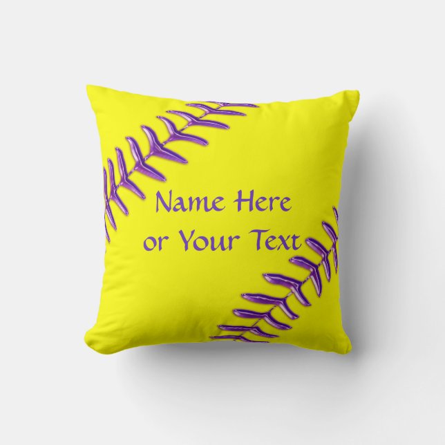 Softball Throw Pillows, Purple Stitches, YOUR TEXT Cushion (Front)