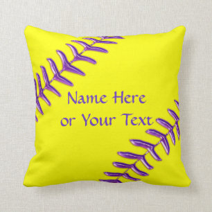 Softball Throw Pillows, Purple Stitches, YOUR TEXT Cushion