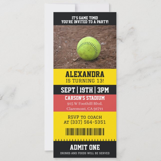 Softball Ticket Birthday Invitation (Front)