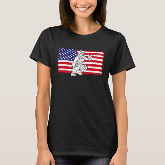 Softball Us Flag Pitcher Batter Catcher Softball T-Shirt (Front)