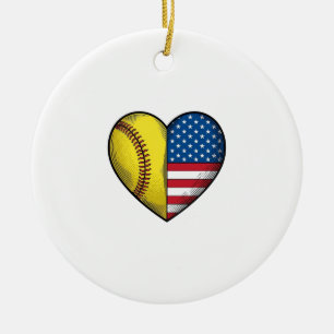 Softball USA Flag Heart Vintage Vector Design_1 Ceramic Tree Decoration