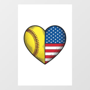 Softball USA Flag Heart Vintage Vector Design_1 Window Cling
