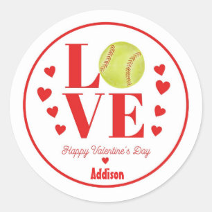 Softball Valentine Sticker, LOVE Softball Classic Round Sticker