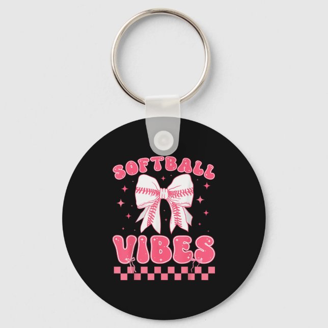 Softball Vibes Softball Couqette Groovy Softball G Key Ring (Front)