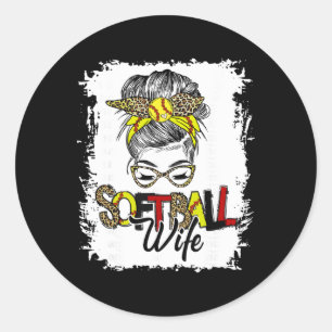 Softball Wife Life With Leopard Messy Bun Mother's Classic Round Sticker