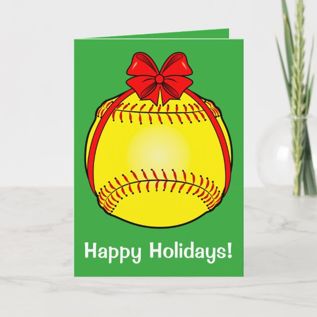 Softball with a Bow at Christmas Holiday Card (Front)