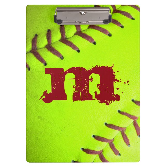 Softball Yellow Fast Monogram Initial Clip Board (Front)