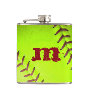 Softball Yellow Fast Pitch Monogram Whiskey Flask