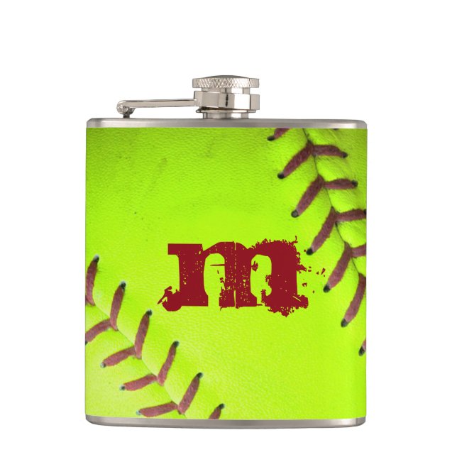 Softball Yellow Fast Pitch Monogram Whiskey Flask (Front)