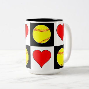 Softballs & Hearts Pattern Cute Fastpitch Softball Two-Tone Coffee Mug