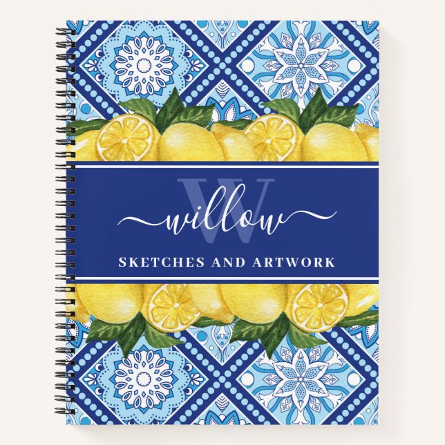 Softcover Lemon Blue Tile Monogram Sketchbook Notebook (Front)