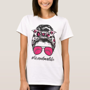 Softll Grandma Life Pink Leopard Print Messy Bun S T-Shirt