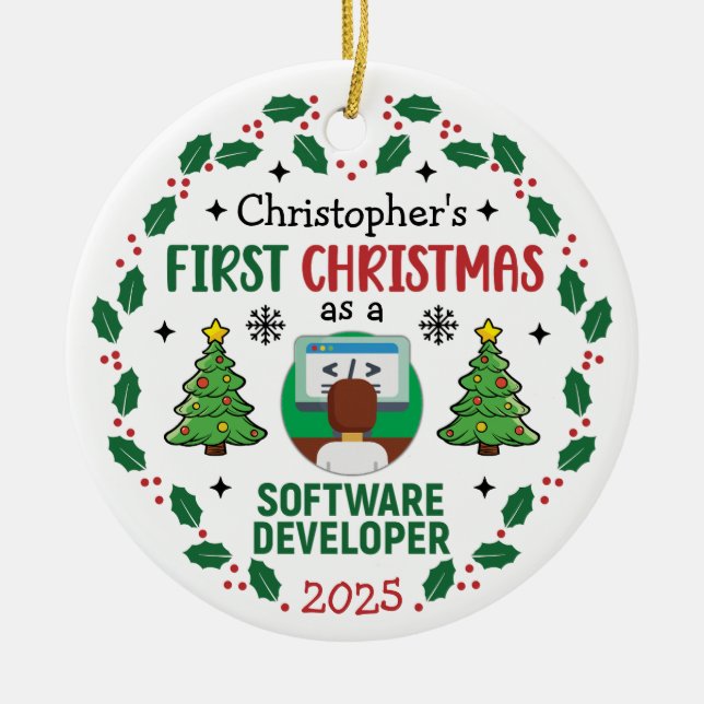 Software Developer First Christmas Custom Name Ceramic Tree Decoration (Front)