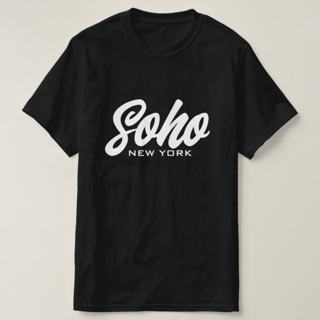 Soho New York black and white script typography T-Shirt (Design Front)
