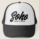Soho New York trucker hat with script typography<br><div class="desc">Soho New York trucker hat with script typography. Custom black and white baseball cap for casual wear,  sports,  golf and more. Stylish hand lettering design for men and women. Available in other cool colours too.</div>
