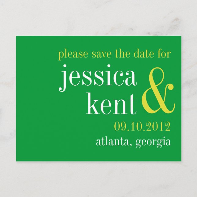 Soild green typography modern couple save the date announcement postcard (Front)
