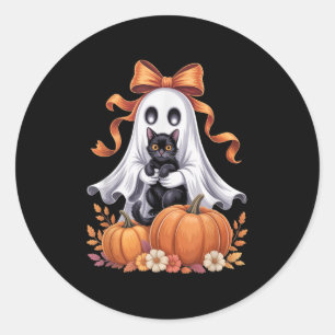 Soky Ghost Holding Black Cat Groovy Floral Hallowe Classic Round Sticker