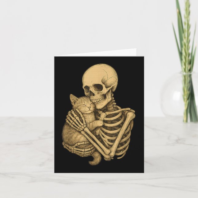 Soky Halloween Cute Cat Hugging Skeleton  Card (Front)