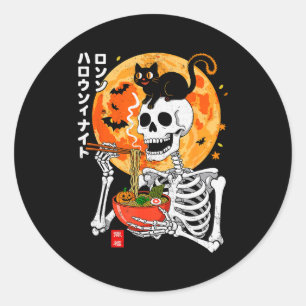 Soky Skeleton Eating Ramen Bowl With Cat Halloween Classic Round Sticker