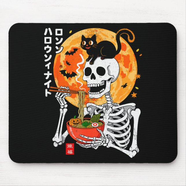 Soky Skeleton Eating Ramen Bowl With Cat Halloween Mouse Mat (Front)