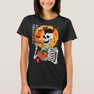 Soky Skeleton Eating Ramen Bowl With Cat Halloween T-Shirt