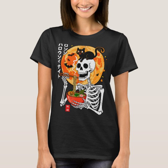 Soky Skeleton Eating Ramen Bowl With Cat Halloween T-Shirt (Front)