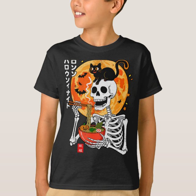 Soky Skeleton Eating Ramen Bowl With Cat Halloween T-Shirt (Front)
