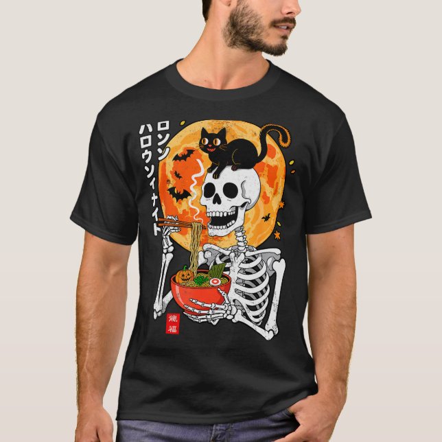 Soky Skeleton Eating Ramen Bowl With Cat Halloween T-Shirt (Front)