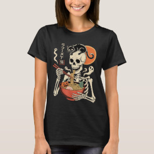 Soky Skeleton Eating Ramen Bowl With Cat Halloween T-Shirt