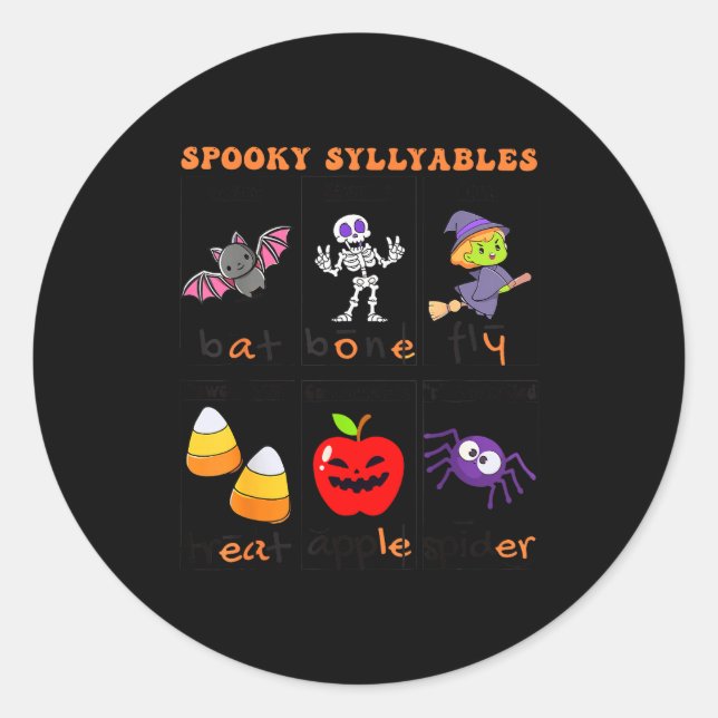Soky Syllables Teacher Funny Halloween Educational Classic Round Sticker (Front)