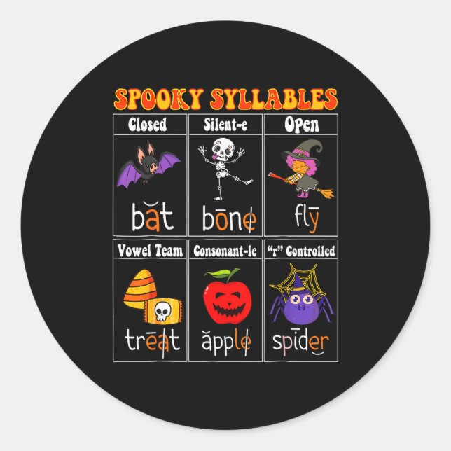 Soky Syllables Teacher Funny Halloween Educational Classic Round Sticker (Front)