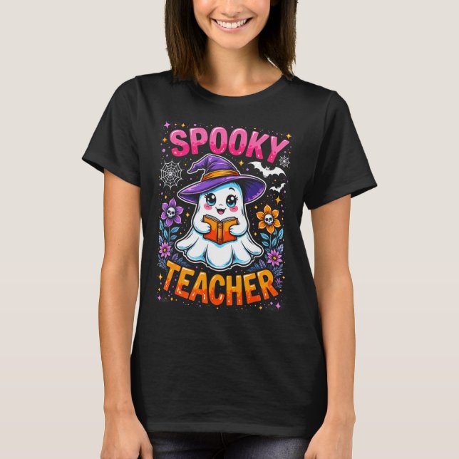 Soky Teacher Cute Ghost Reading Book Funny Hallo  T-Shirt (Front)