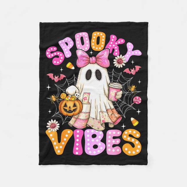 Soky Vibes Ghost Retro Groovy Halloween Women Girl Fleece Blanket (Front)