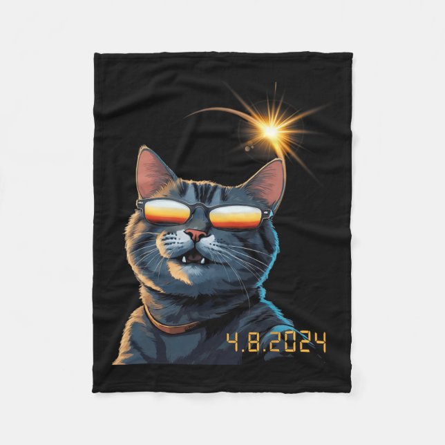 Solar 2024 Eclipse Cat Wearing Eclipse Glasses 1  Fleece Blanket (Front)